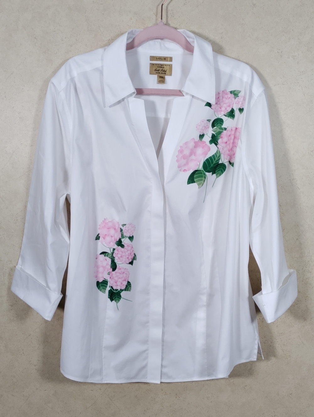 I158 Investments White & Pink Non Iron Taylor Button Up Blouse 20W